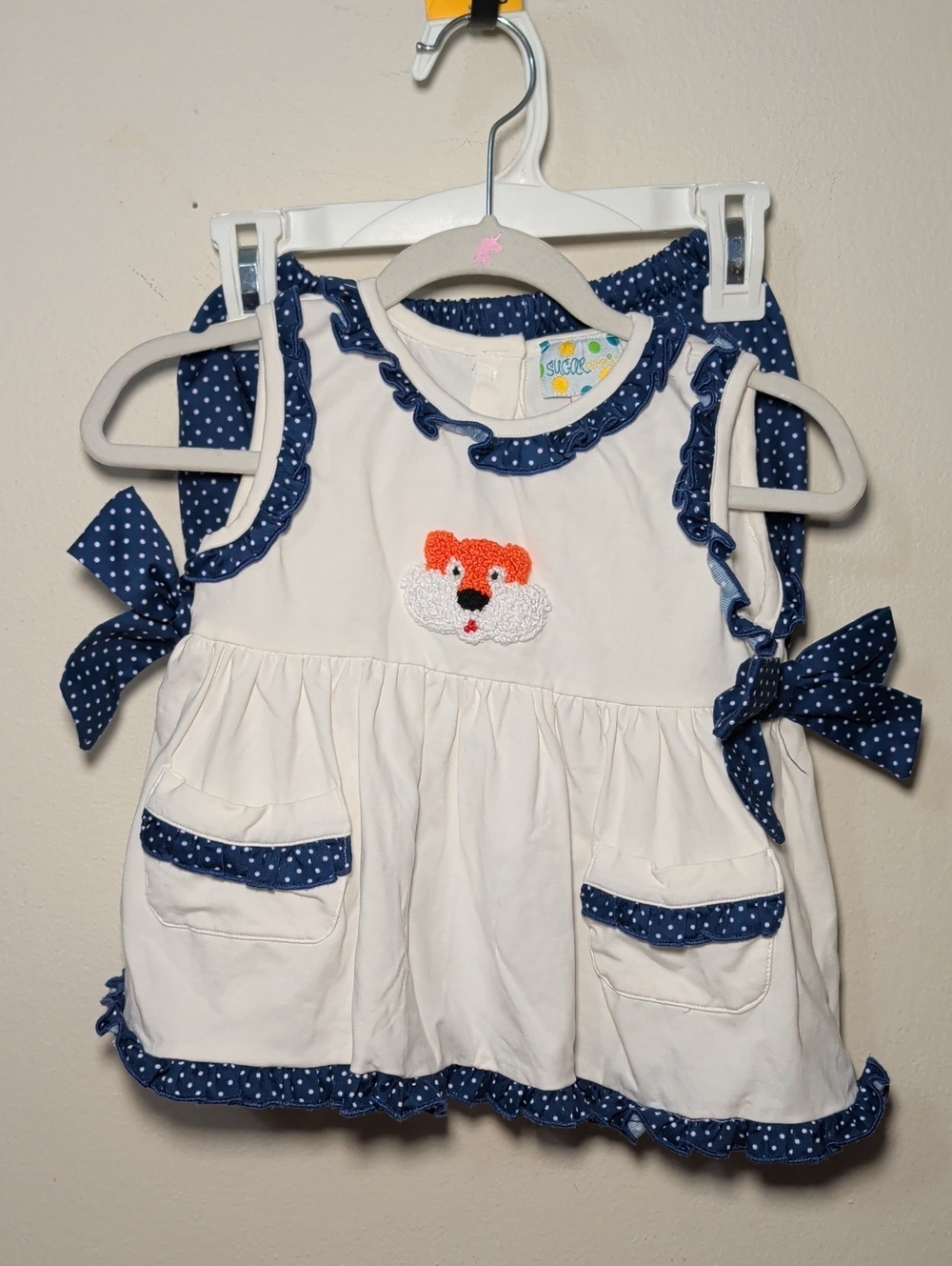 Sugar Dumplin' Polka Dot Tiger Short Set White Blue Bows Ruffles Girls Size 2T